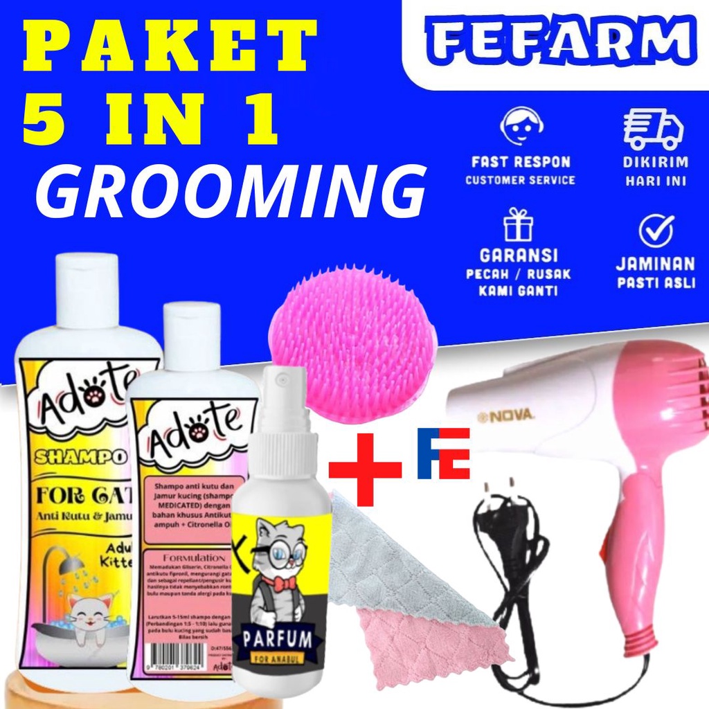 PAKET MANDI KUCING 5 IN 1 GROOMING KUCING AKSESORIS PERAWATAN HEWAN FEFARM