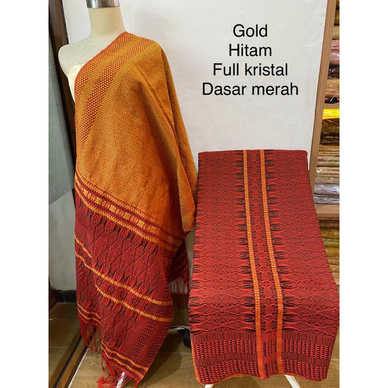 Songket Tumtuman Gold Hitam Full Kristal Dasar Merah