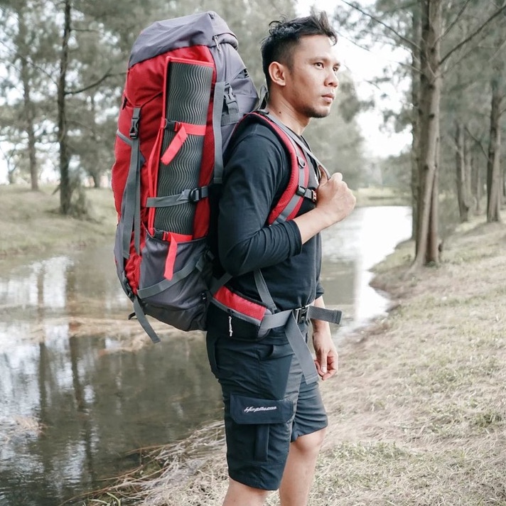 Tas Ransel Gunung Carrier Outdoor Hiking 65 Liter Irco Baladewa Merah Marun Dengan Rain Cover