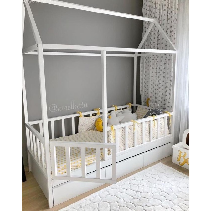 Dipan Besi Ranjang Kasur Tempat Tidur Box Bayi Murah Duco Putih Laci