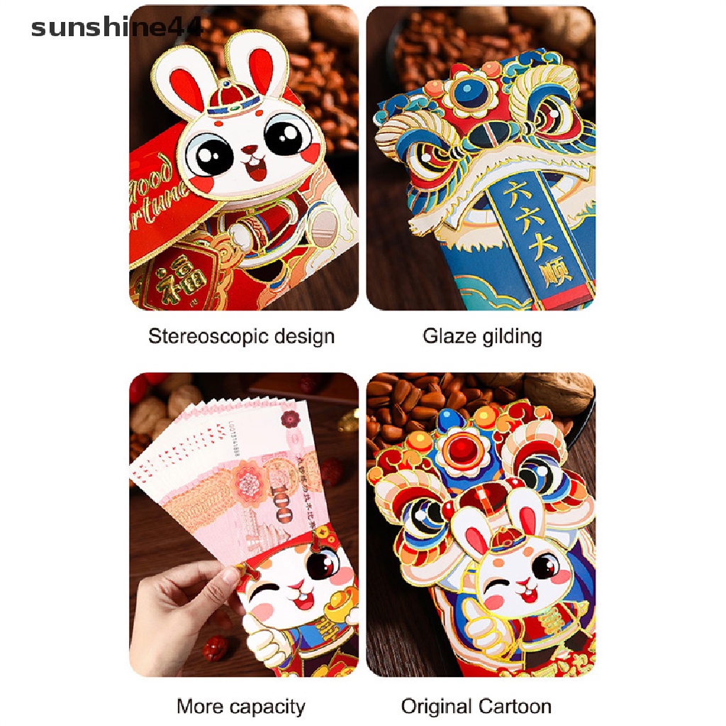Sunshine6/pcs Amplop Merah Tahun Baru Kawaii Rabbit 2023 Amplop Merah Imlek Hongbao.