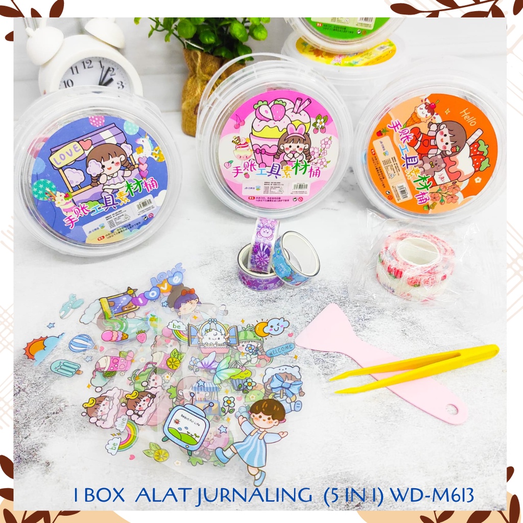 

1 BOX ALAT JURNALING SOLATIP WASHI TAPE STICKER SPATULA PINSET PELINDUNG JOURNAL (5 IN 1) KODE WD-M613 KARAKTER CEWE GAMBAR LUCU