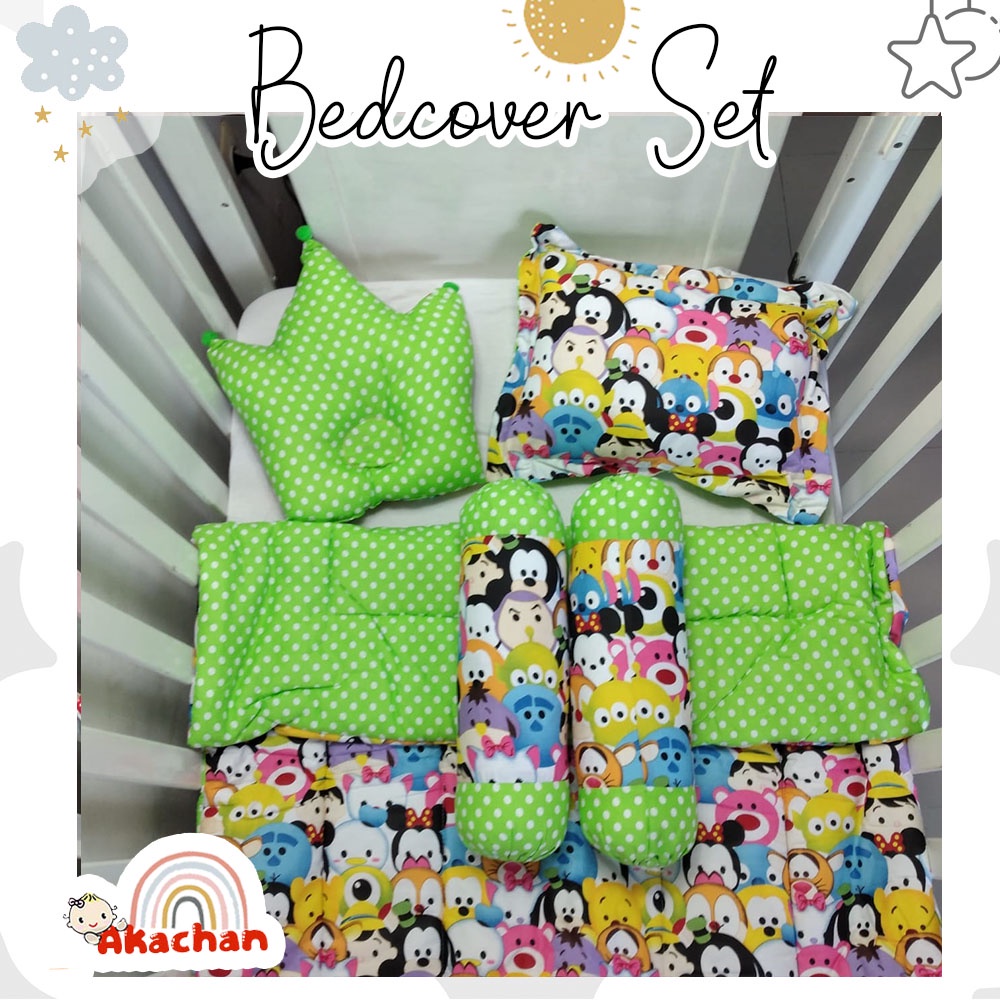 Green Tsum Baby Bed Set Bedcover Selimut Bantal Cover Akachan Bedset Crown Guling Alas Tidur bb Bayi