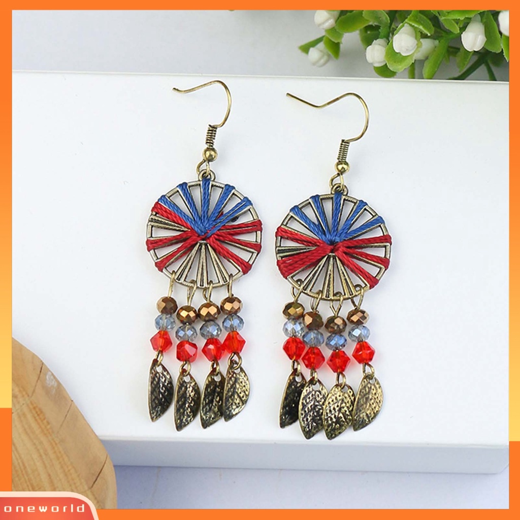 {oneworld} 1pasang Manik-Manik Multicolor Shiny Drop Earrings Bohemian Hollow Vintage Hook Earrings Perhiasan Pesta