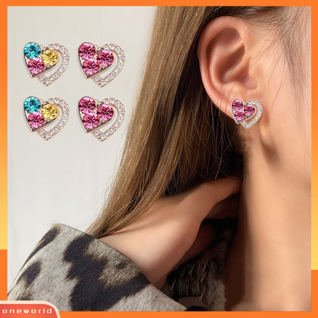 [oneworld] 1set Perhiasan Wanita Set Shiny Colorful Full Rhinestones Geometris Berkilau Hias Hadiah Anniversary Cinta Bentuk Hati Liontin Kalung Stud Anting Set