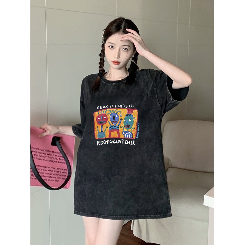 Kaos oversize hitam oversize lengan pendek Cartoon Animals washed baju wanita  graphic print T-shirt/kaos overzise