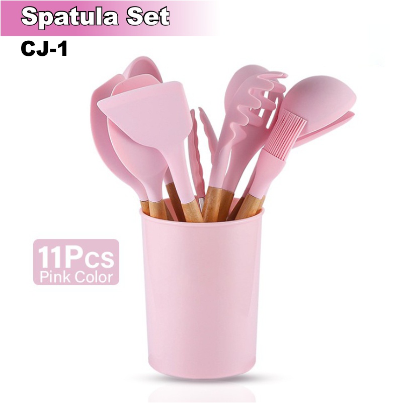 Spatula Silicone Set 11Pcs + wadah CJ1 Utensil Set Silikon Non-stick Gagang Kayu