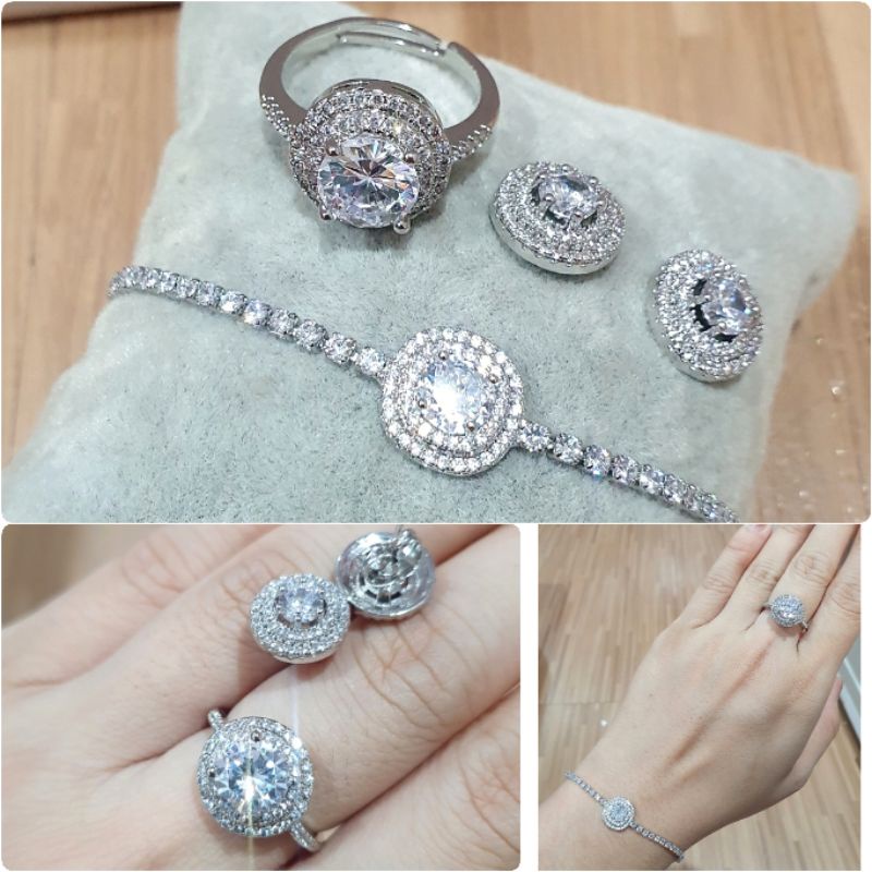 Gelang cincin anting Titanium silver mata kilau mirip emas asli Premium Quality Anti karat anti alergi Stainless steel branded band Silver G002