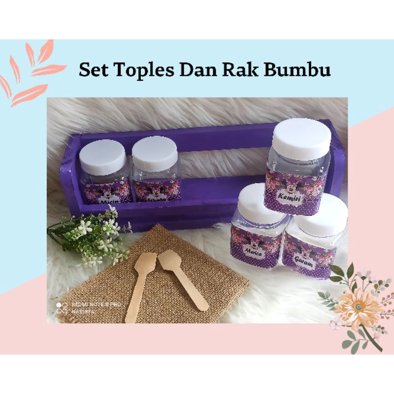 set toples bumbu dapur dan rak kayu motif ungu
