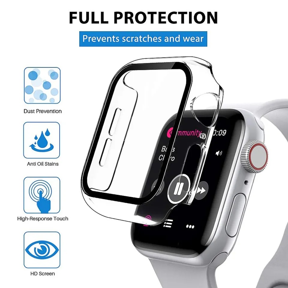 HARD Case Tempered Glass Anti gores Screen Guard 2in1 Clear Apple Watch 38mm 42mm 40mm 44mm 41mm 45mm Case Cover Casing Series 1 2 3 4 5 6 7 8 se