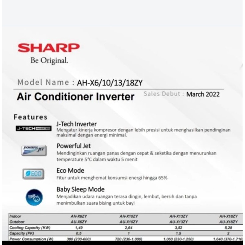 AC Sharp Inverter 1/2PK 0.5PK AH-X6ZY / 6ZY (Unit Only)