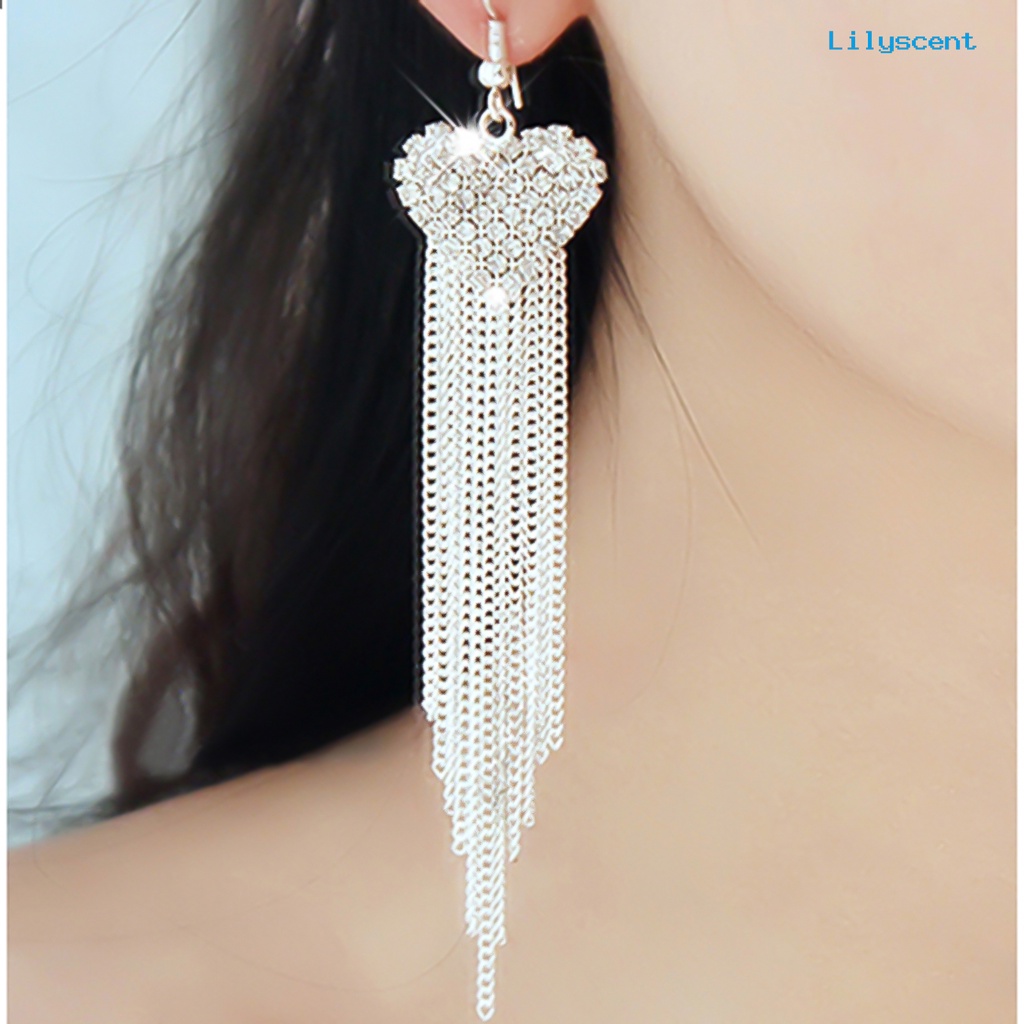 [LS] Anting Linear Cinta Bentuk Hati Hias Berlian Imitasi Wanita Jumbai Panjang Menjuntai Kait Earrings Perhiasan Untuk Pesta