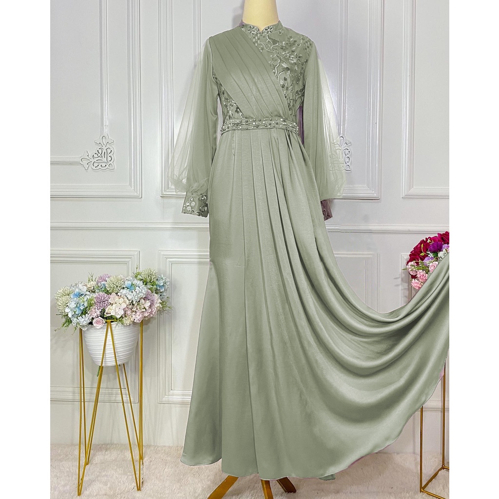 VILLANORE  gamis pesta hijau sage gamis kondangan hijau sage gamis brukat sage gamis brokat sage gam