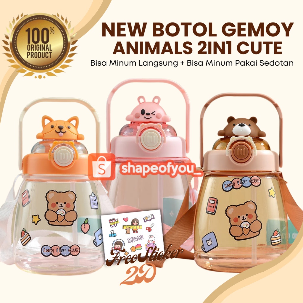 Botol Minum Plastik Gemoy Beruang Kelinci Warna Lucu Sedotan 1,3 Liter Tali Free Sticker