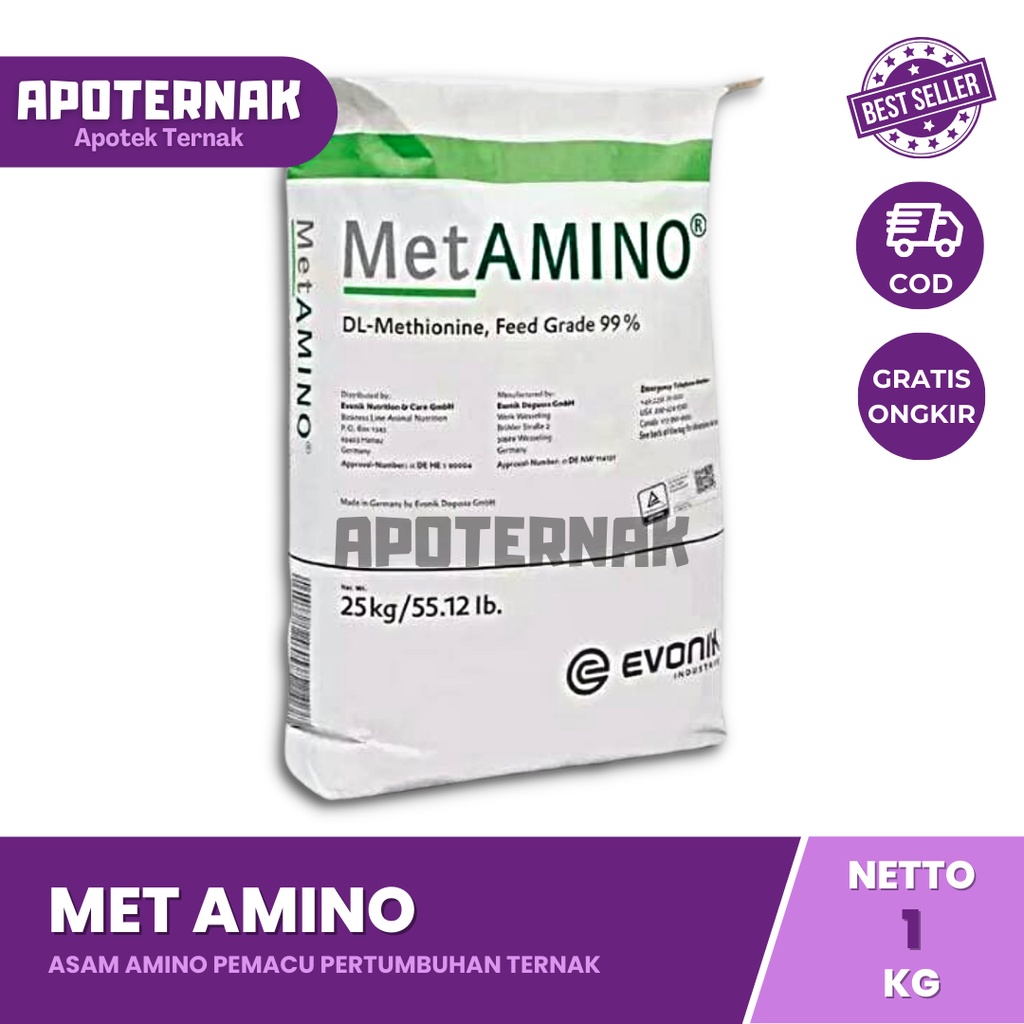 METAMINO Metionin 1 kg 500gr 250gr 100gr | DL-Methionine 99% Asam Amino Hewan | Metionin Methionine | EVONIK