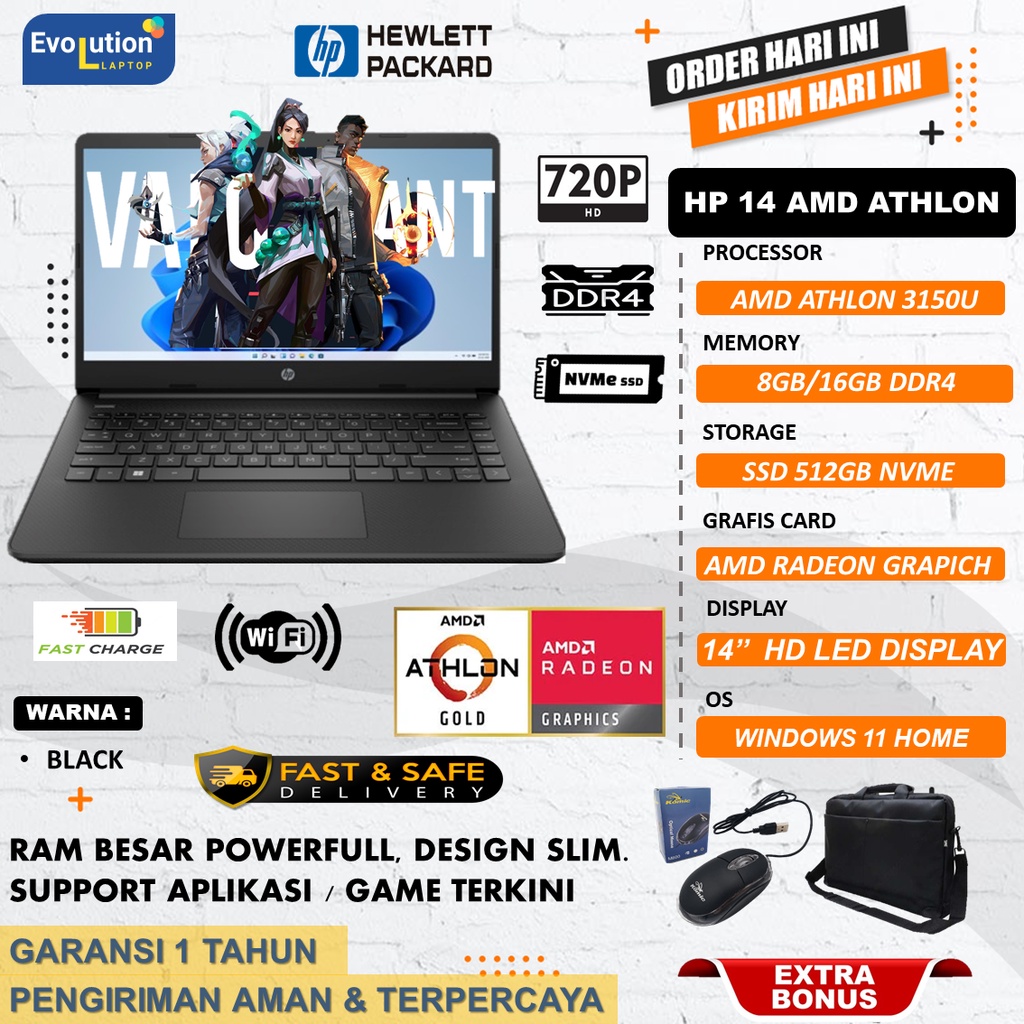 Laptop Desain HP 14s AMD ATHLON GOLD 3150U Ram 16GB 512GB SSD Windows11 HOME BLACK