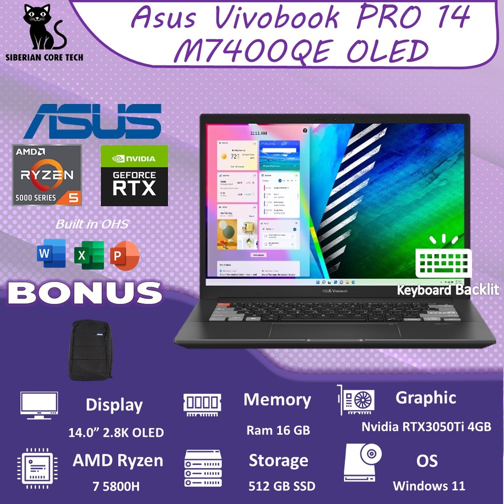 ASUS VIVOBOOK PRO 14 OLED M7400QE OLED713 RTX3050TI 4GB/ RYZEN 7 5800H 16GB 1TBSSD W11+OHS 14.0 2.8K 100DCIP3