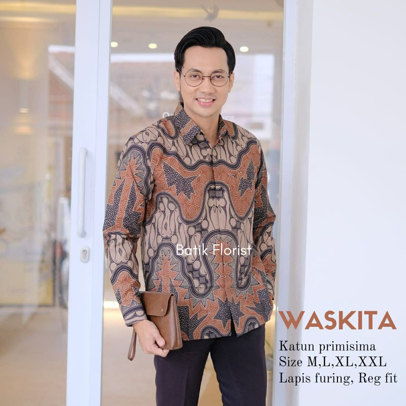 WASKITA Batik Pria Lengan Panjang Mocca Coklat Kekinian Ori Florist