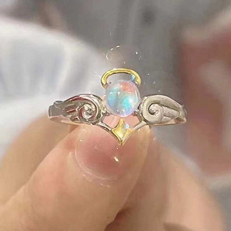 Cincin Pasangan Sayap Malaikat Dan Setan Romantis Untuk Wanita Goth Fashion Moonstone Pembukaan Yang Dapat Disesuaikan Jari Cincin Pria Perhiasan Pesta