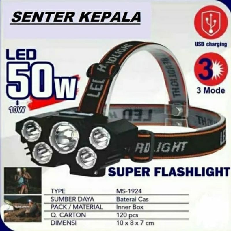 Senter Kepala L-T21 Headlights LED USB 50W + 10W Senter Kepala 5 LED