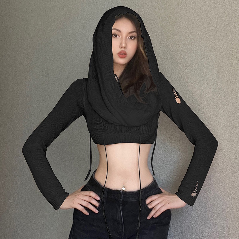 ☽Sancokis gaya Eropa dan Amerika berkerudung lengan panjang rajutan top niche high street babes sexy slim crop top