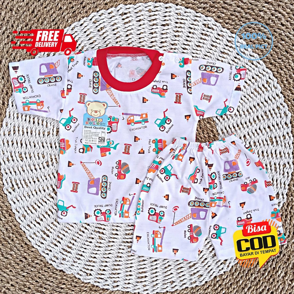 Setelan Baju Bayi Pendek 3 - 12 Bulan merk SNI BOLO - BOLO motif BIG EXCAVATOR BULLDOZER TRUCK