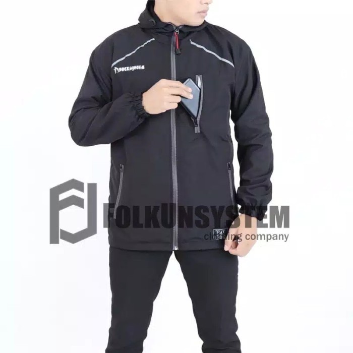 jaket pria Jaket Parka Parasut Hoodie Pria Waterproof Jeans Sweater Cowok - Hitam, M(L4L0) Bisa COD 