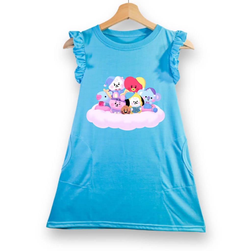 Hzl_outfit dress kerut lengan anak hazel BT21 cloud (6 - 8 tahun)