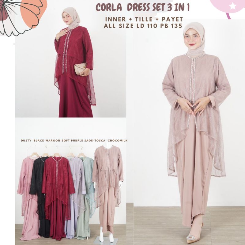 Corla Tille Dress Set Inner Ld 110/Dress Kondangan/Dress Pesta/Dress Outer/Dress Sage Green/Setelan Dress