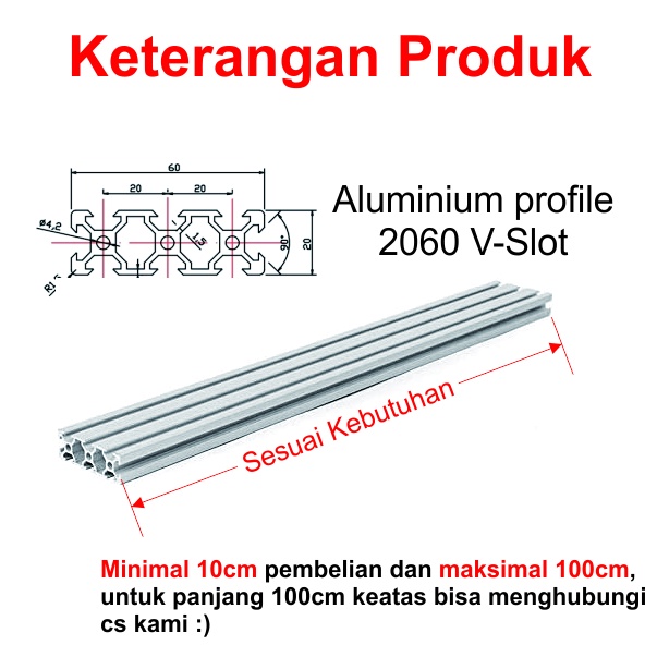 [HAEBOT] Aluminium Profile V Slot 2060 20x60 AP2060 Alumunium Profil CNC Frame Extrusion Mini Kerangka Mekanik Series 20mm x 60mm 3D Printer 1 cm