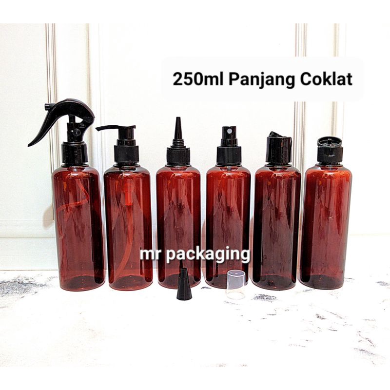 Botol Plastik 250ml Coklat Panjang Amber isi ulang | Botol PET 500 ml reffil | botol pump spray fliptop presstop kerucut tarik pamp sprey flipon tinta trigger triger | Botol kosmetik serum skincare| wadah isi ulang skin care sabun shampo