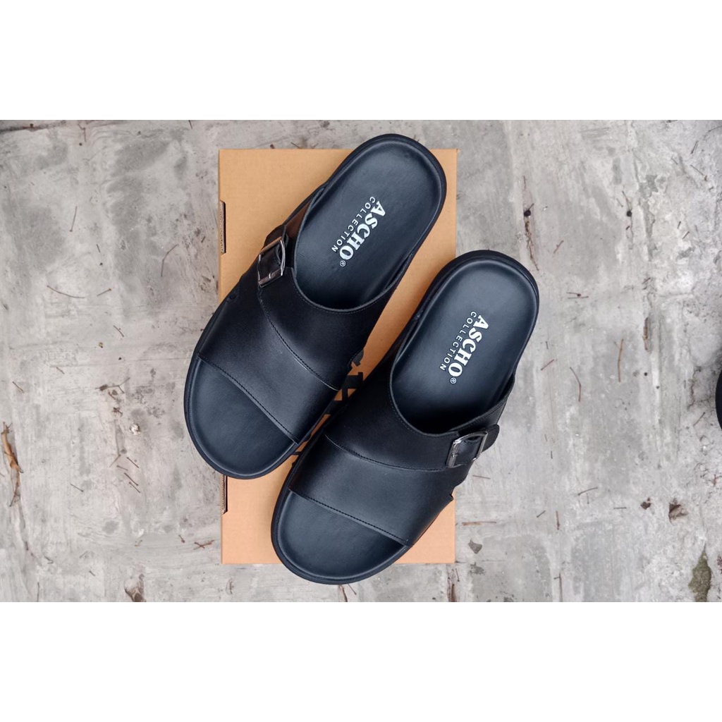 terbaru sandal kulit asli black ascho a26