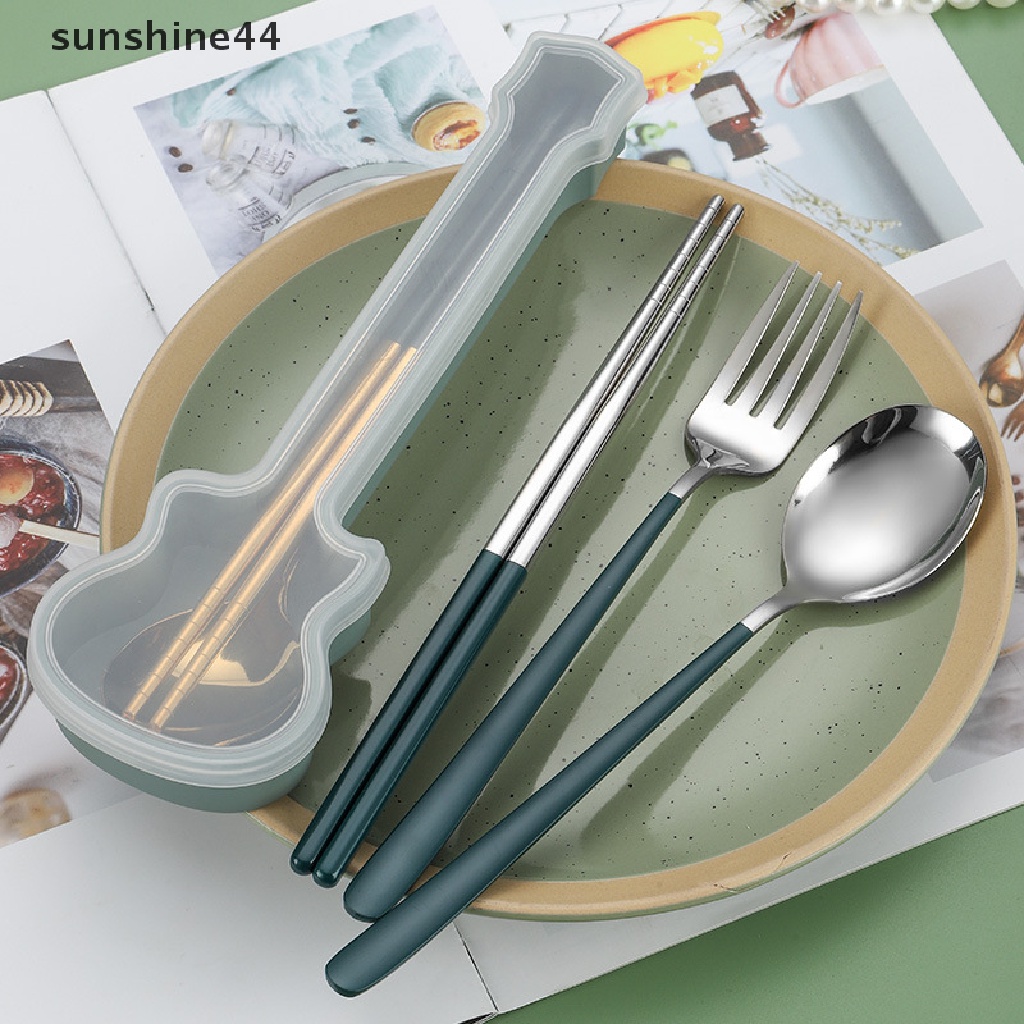 Sunshine 3Pcs Set Alat Makan Garpu Sendok Sumpit Makan Set Travel Sendok Garpu Kotak Gitar.