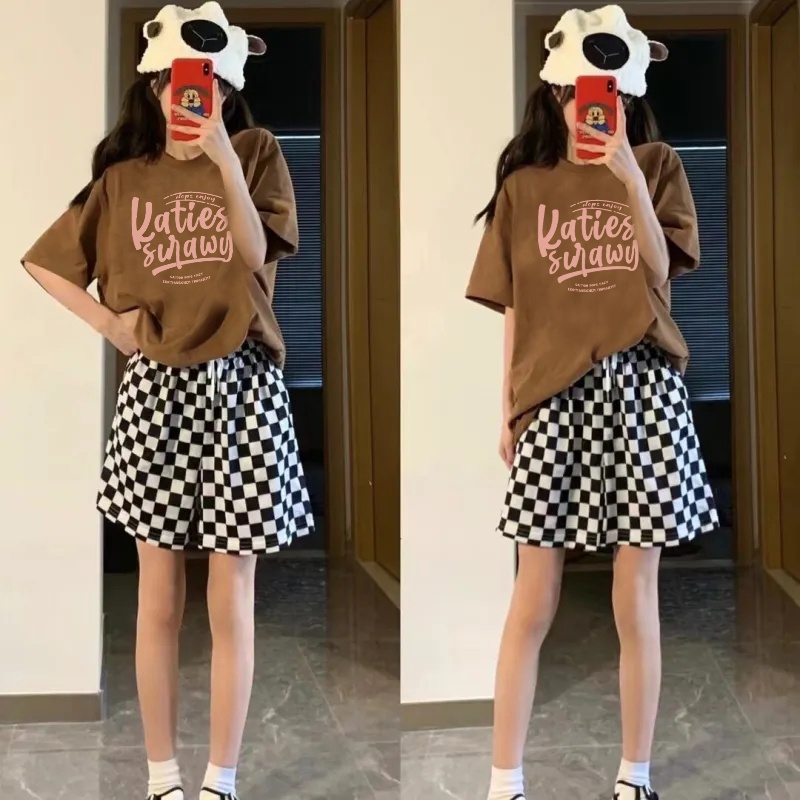 Brown Print T-shirt Kaos Lengan Pendek Pink English Oversize Korean Style