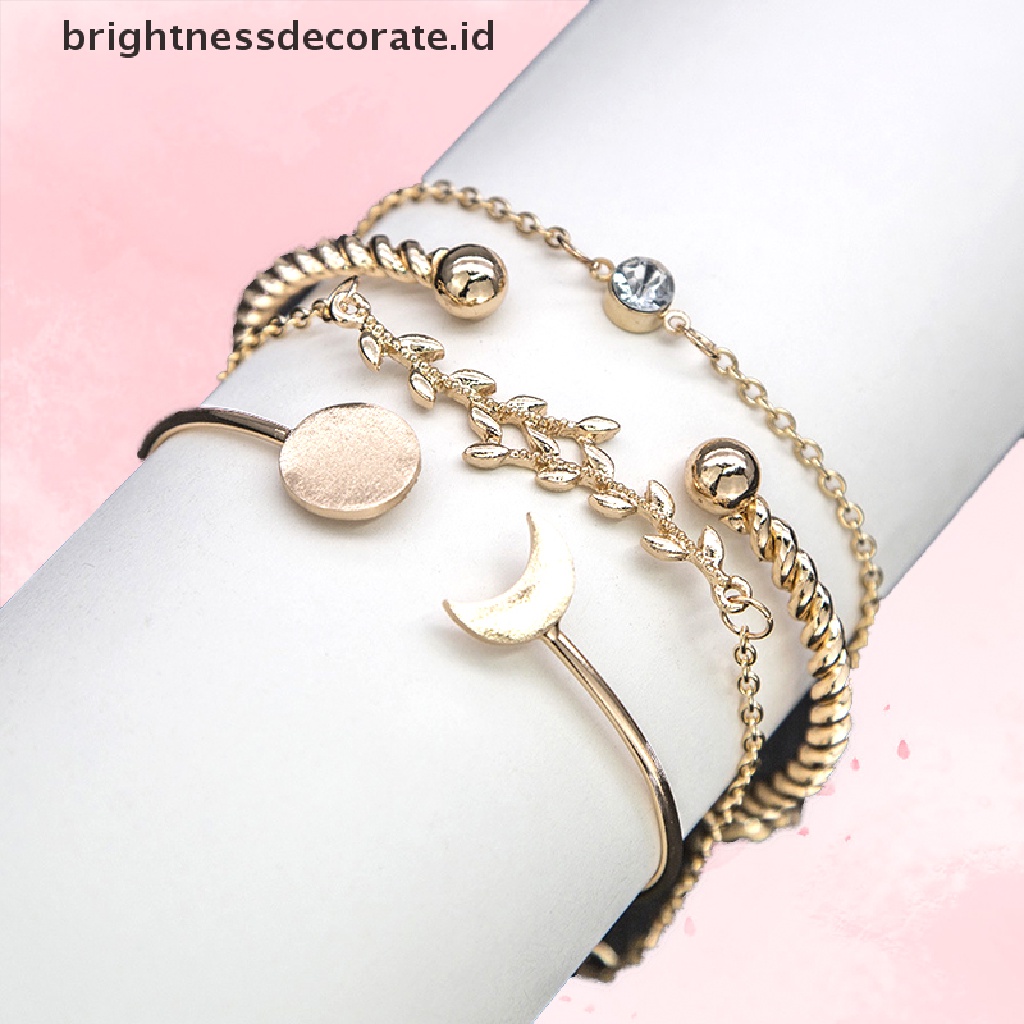 [Birth] 4pcs/set Wanita Bohemian Gelang Kristal Daun Bulan Handmade Alloy Bangle Jewelry [ID]