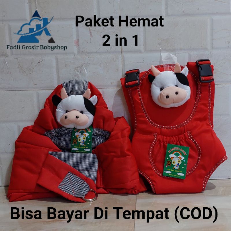 Paket Hemat (2 in 1) Gendongan Bayi Depan Ransel Dan Gendongan Bayi Samping Topi Kerut Boneka Sapi