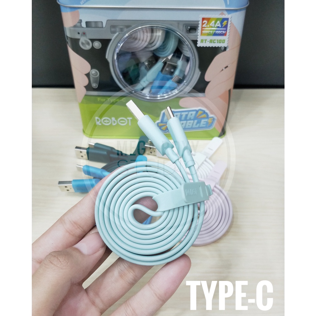 (1 Kaleng isi 30pcs)Robot Data Cable RT-AC100 Colorful USB Kabel Data Fast Charging TYPE-C free toples celengan cantik by.sultan