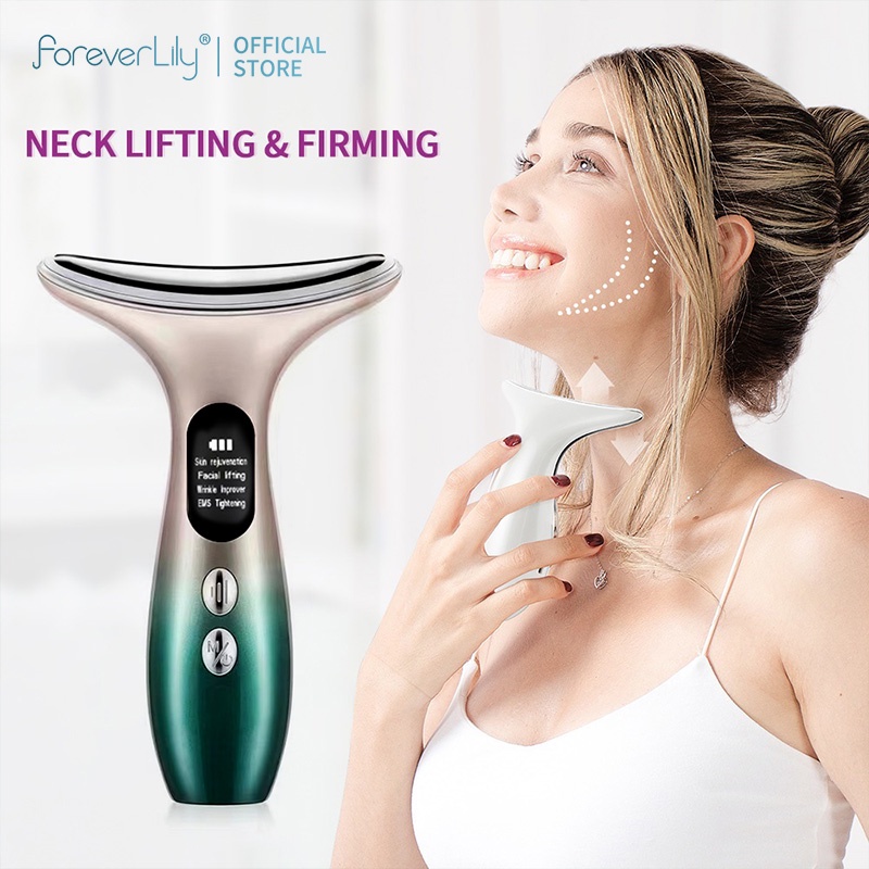 【1-3 Days Delivery】Foreverlily 45℃ Heating USB Neck Beauty Device 3-color Photon EMS Firming Vibration Massage Tighten Reduce Double Chin Anti Wrinkle Remove Skin Care Massage