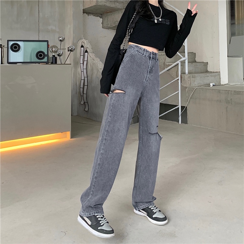 Abu abu Highwaist Robek Celana Jens Wanita / Korean Fashion Kulot Jeans Wanita