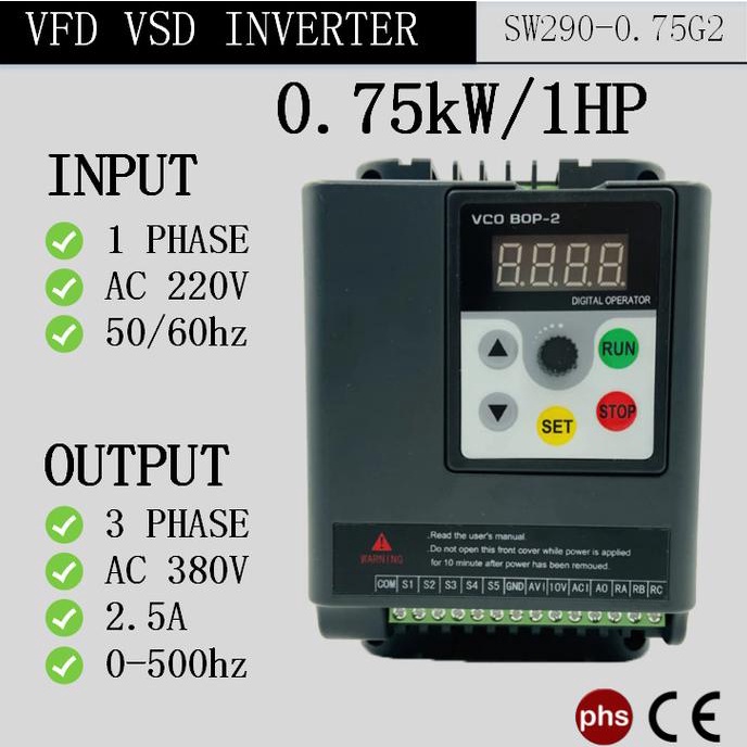 VFD VSD Inverter Input 1 Phase 220V Output 3 Phase 380V