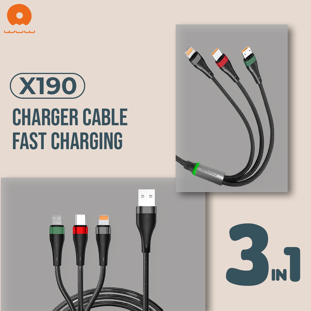 WUW-X190 KABEL DATA 3IN1 FAST CHARGING 100W USB A TO TYPE C/LIGHTNING/MICRO