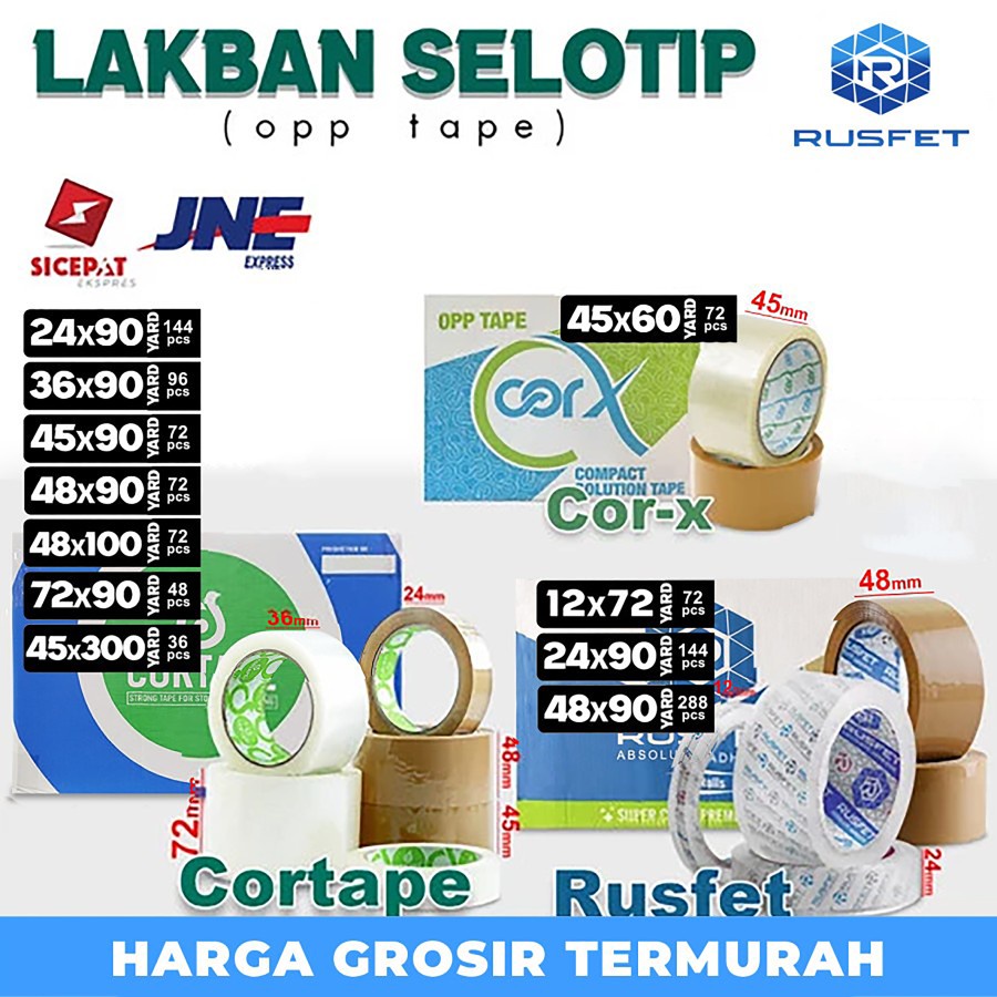 

Lakban isolasi Solatip OPP Tape Rusfet Cortape Varian KARGO / DUS