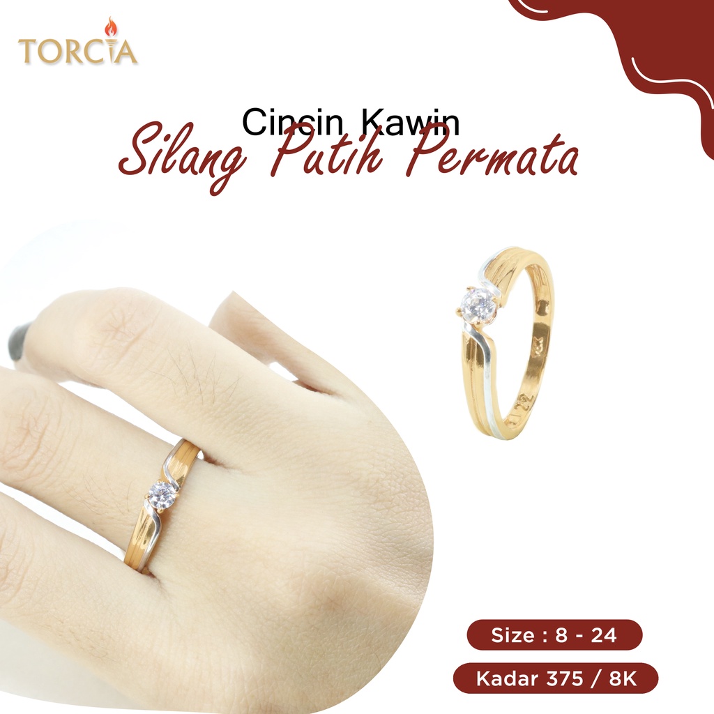 Cincin Kawin Emas Asli Silang Putih Permata Kadar 375 Torcia