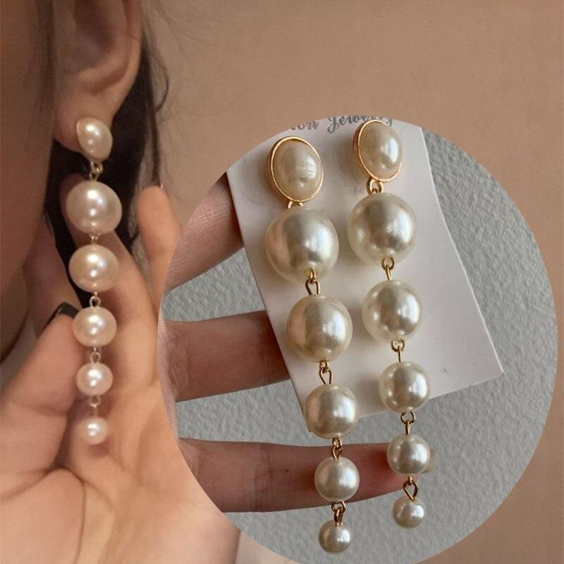 Anting Mutiara Tusuk Panjang Menjuntai 5 Butir Elegan Pesta Pernikahan