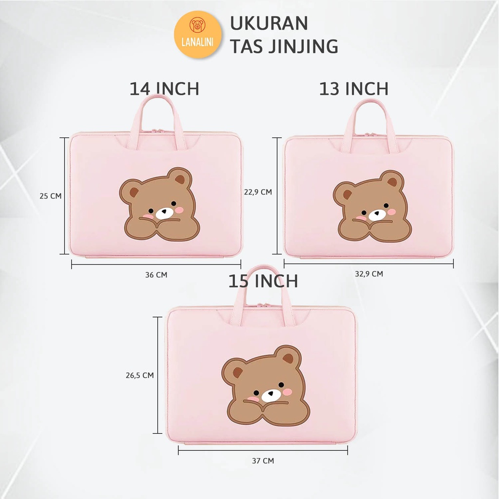 Sleeve Pouch Sarung Tas Bag Case Ipad Tab Tablet Macbook Air Pro Laptop Asus Acer Lenovo HP Huawei 11 12 13 14 15 inch Motif Gambar Bear Brown Beruang Warna Pink Coklat Lucu Cute Murah Korean Model Jinjing Tali Strap