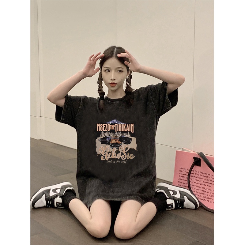 Vintage T-shirt Oversize Hitam Washed Lengan Pendek Car Printing Print T-shirt Hiphop Kaos Hitam