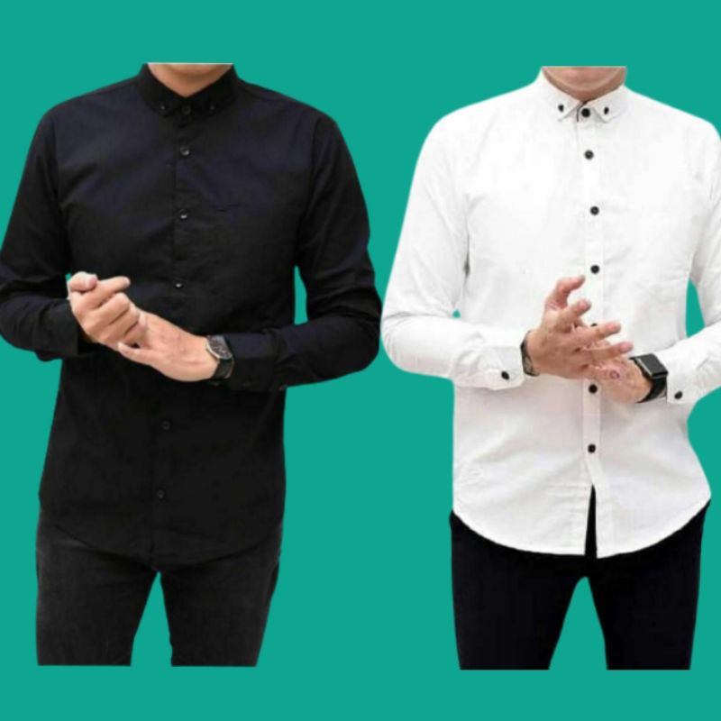 Baju Kemeja Pria Kasual Polos Hitam Putih Lengan Panjang / hem baju pria/