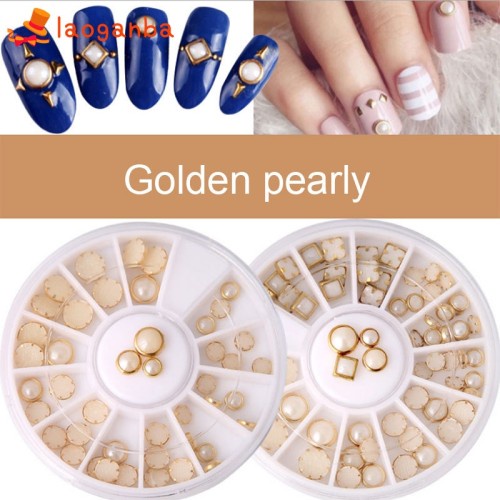 1 Kotak Manik-Manik Mutiara Glitter 3D untuk Dekorasi Manicure / 3D Bulat Mutiara Gold Nail