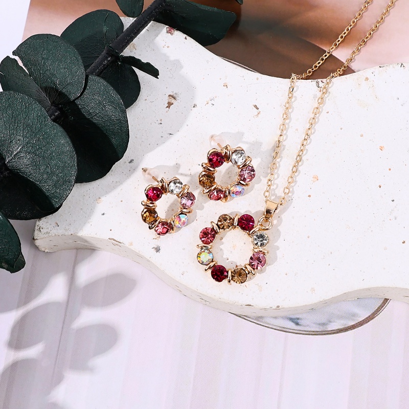 Pernikahan Pacaran Ulang Tahun Aksesoris Hadiah Glaring Zirkon Alloy Set Perhiasan Indah Pink Wanita Stud Anting Berwarna Berlian Imitasi Liontin Kalung