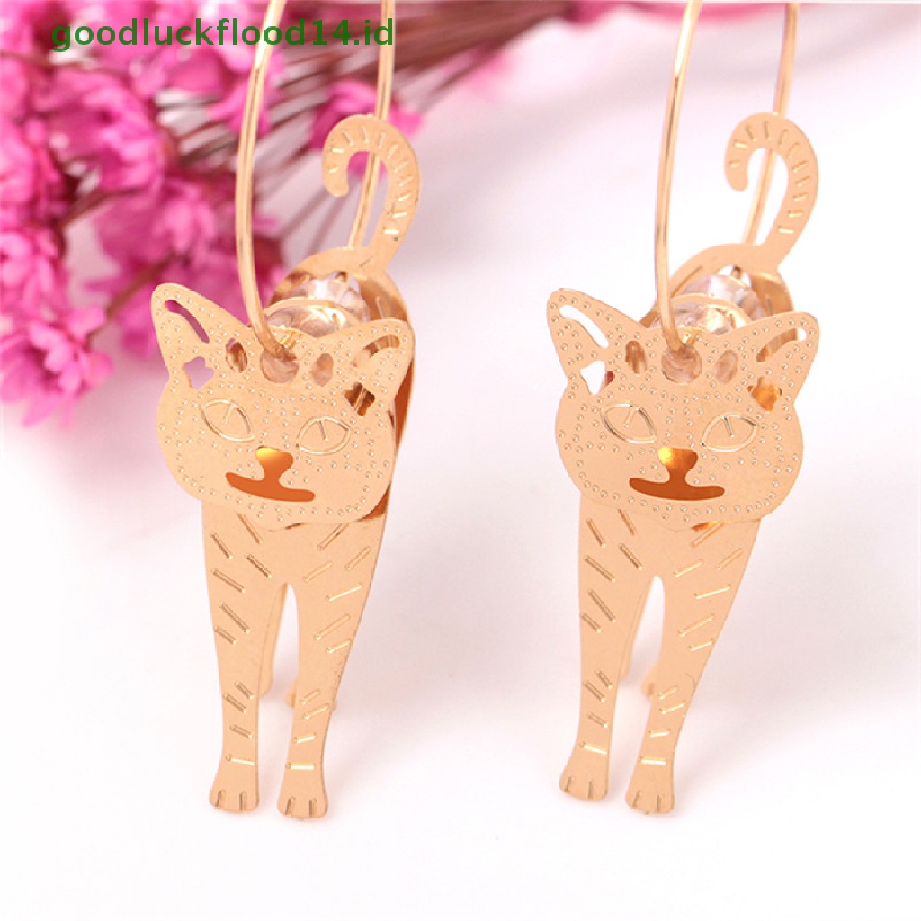 [GOOGFOUR] Lingkaran Emas Hewan Kucing Liontin Anting Mutiara Kait Drop Menjuntai Earrings Jewelry [TOP]